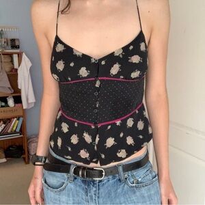 100% silk black floral polka dot milkmaid style spaghetti strap cross back butto